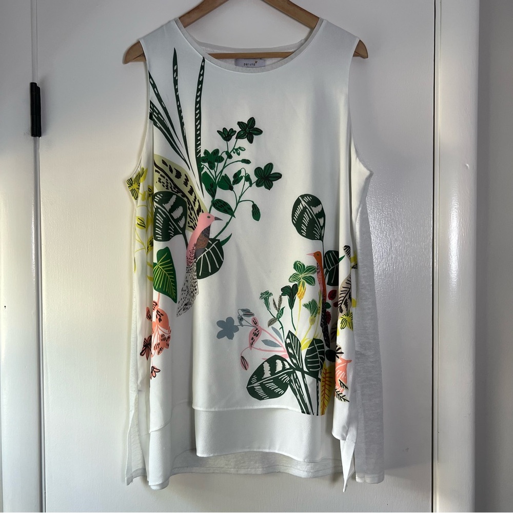 Per Una Colorful Bird Palm Plant Leaf Tunic Tank Top White Pink Green Black 12